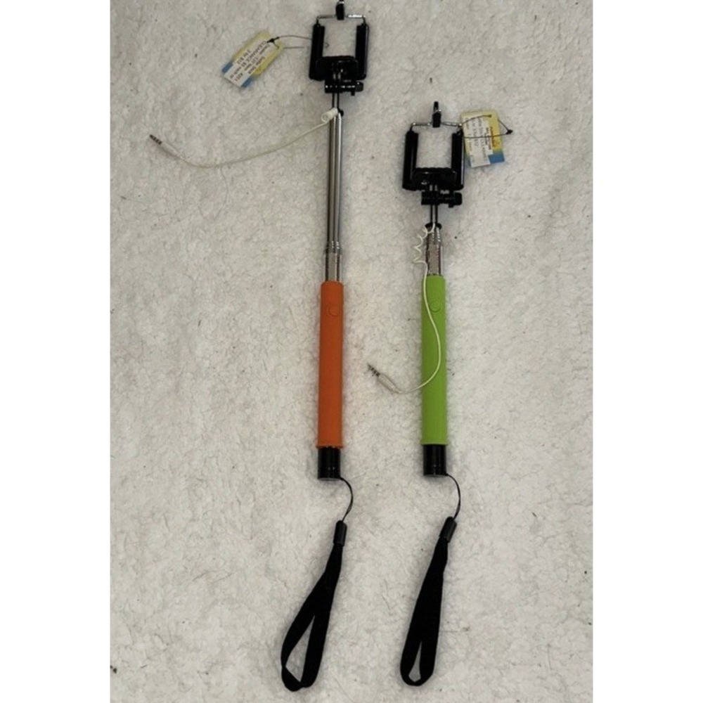Funsparks Selfie Stick Set 2 Pk Orange Green Wired 3.5mm Jack Extendable Monopod